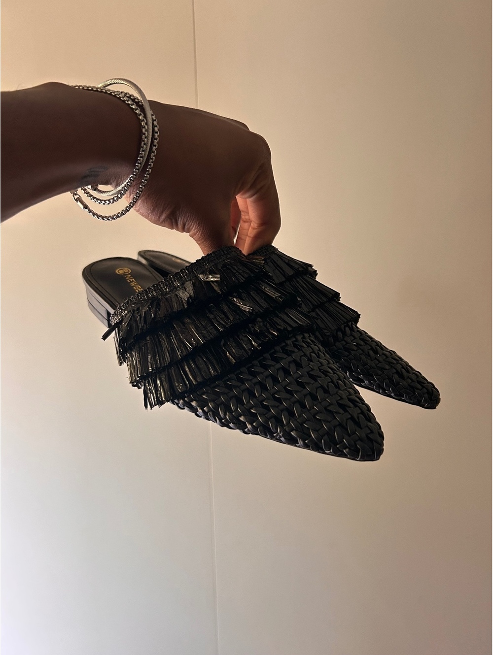 Newbella Black Woven Pointed Toe Slip-On Flats with Fringe Detail